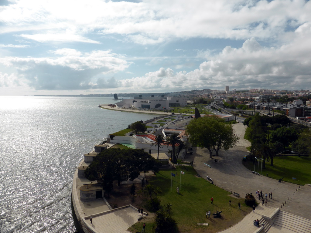 The Fort of Bom Sucesso and Museum of Combatants, the Centro Náutico de Algés center and the Rio Tejo river, viewed from the top of the Torre de Belém tower