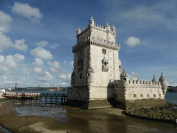 The Torre de Belém tower, the Ponte 25 de Abril bridge over the Rio Tejo river and the Cristo Rei statue