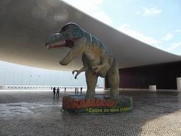 Wax statue of a Tyrannosaurus Rex in front of the dinosaur exhibition at the Pavilhão de Portugal building at the Parque das Nações park