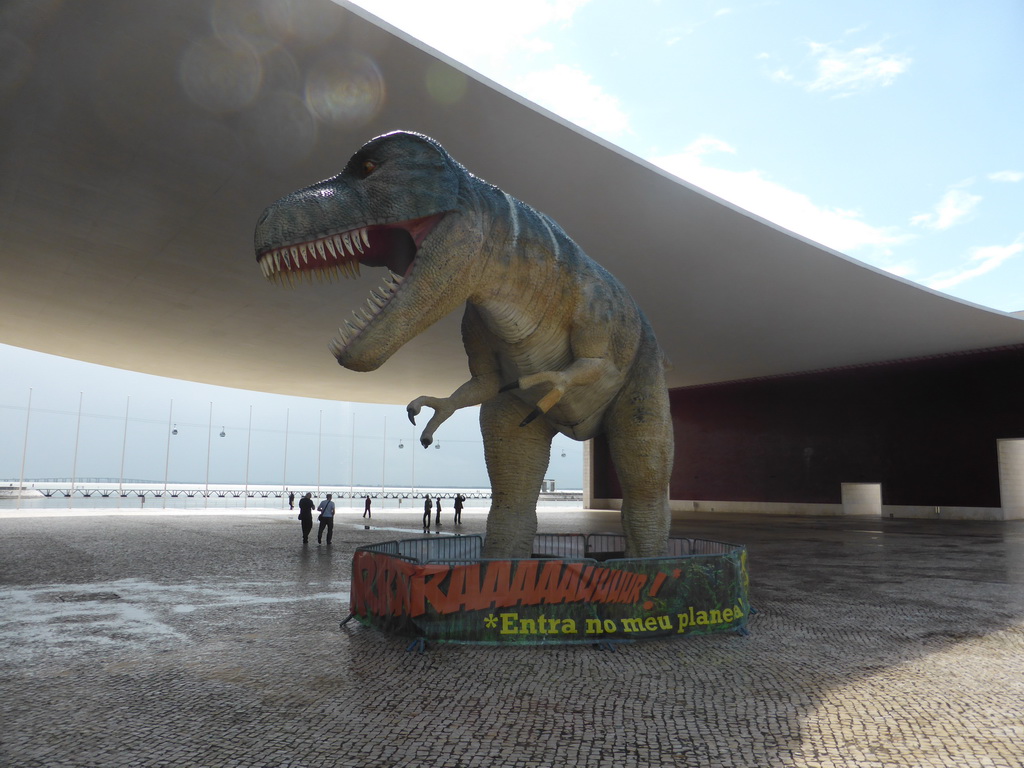 Wax statue of a Tyrannosaurus Rex in front of the dinosaur exhibition at the Pavilhão de Portugal building at the Parque das Nações park