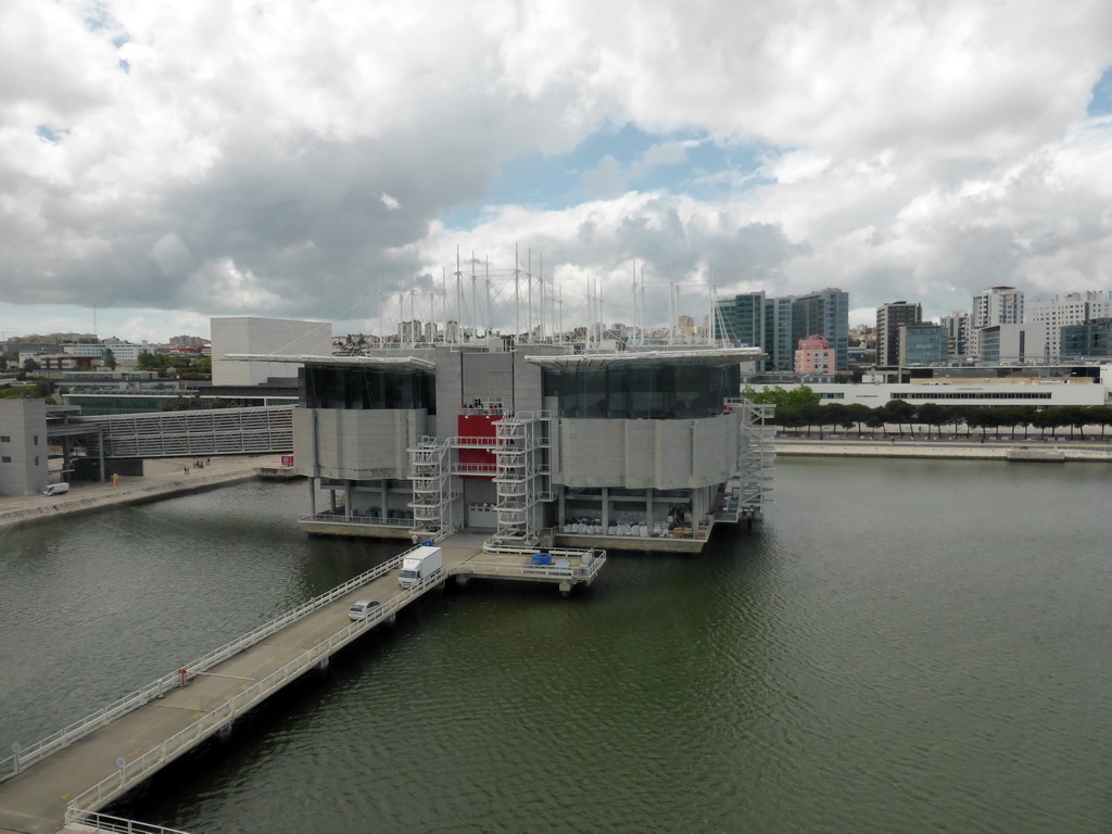 Dock and the Lisbon Oceanarium at the Parque das Nações park, viewed from the funicular