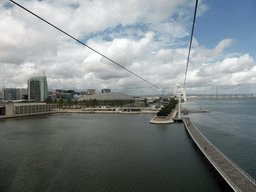 Dock, the Pavilhão de Portugal building, one of the towers next to the Vasco da Gama shopping mall, the Pavilhão Atlântico building and the Vasco da Gama Tower at the Parque das Nações park, and the Vasco da Gama Bridge over the Rio Tejo river, viewed from the funicular