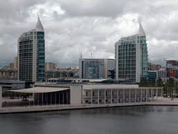 Dock, the Pavilhão de Portugal building and the towers next to the Vasco da Gama shopping mall at the Parque das Nações park, viewed from the funicular