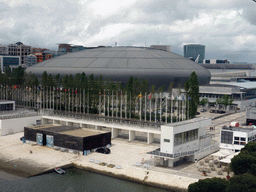 Dock and the Pavilhão Atlântico building at the Parque das Nações park, viewed from the funicular