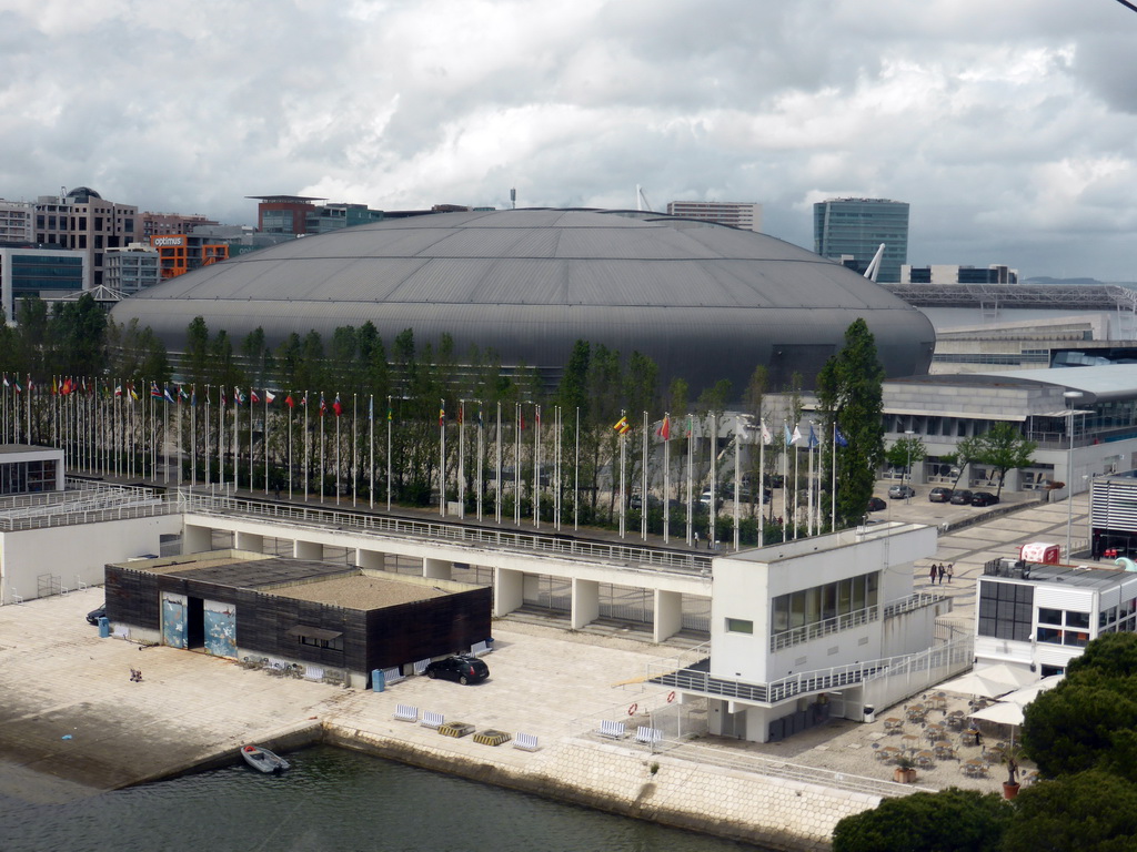 Dock and the Pavilhão Atlântico building at the Parque das Nações park, viewed from the funicular