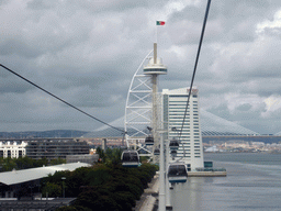 The Feira Internacional Lisboa fair and the Vasco da Gama Tower at the Parque das Nações park, and the Vasco da Gama Bridge over the Rio Tejo river, viewed from the funicular