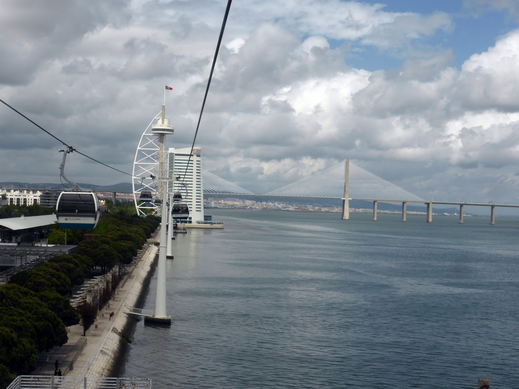 The Feira Internacional Lisboa fair and the Vasco da Gama Tower at the Parque das Nações park, and the Vasco da Gama Bridge over the Rio Tejo river, viewed from the funicular