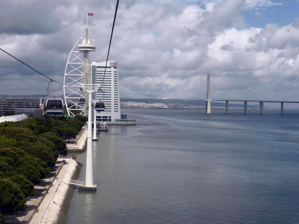 The Vasco da Gama Tower and the Jardins Garcia de Orta gardens at the Parque das Nações park, and the Vasco da Gama Bridge over the Rio Tejo river, viewed from the funicular