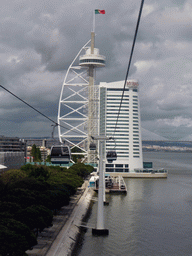 The Vasco da Gama Tower and the Jardins Garcia de Orta gardens at the Parque das Nações park, and the Vasco da Gama Bridge over the Rio Tejo river, viewed from the funicular