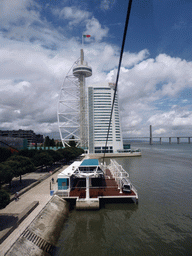 The Vasco da Gama Tower and the Jardins Garcia de Orta gardens at the Parque das Nações park, and the Vasco da Gama Bridge over the Rio Tejo river, viewed from the funicular