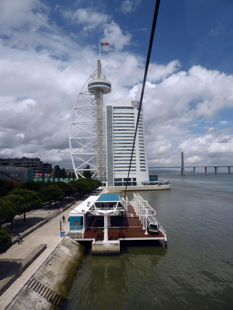 The Vasco da Gama Tower and the Jardins Garcia de Orta gardens at the Parque das Nações park, and the Vasco da Gama Bridge over the Rio Tejo river, viewed from the funicular