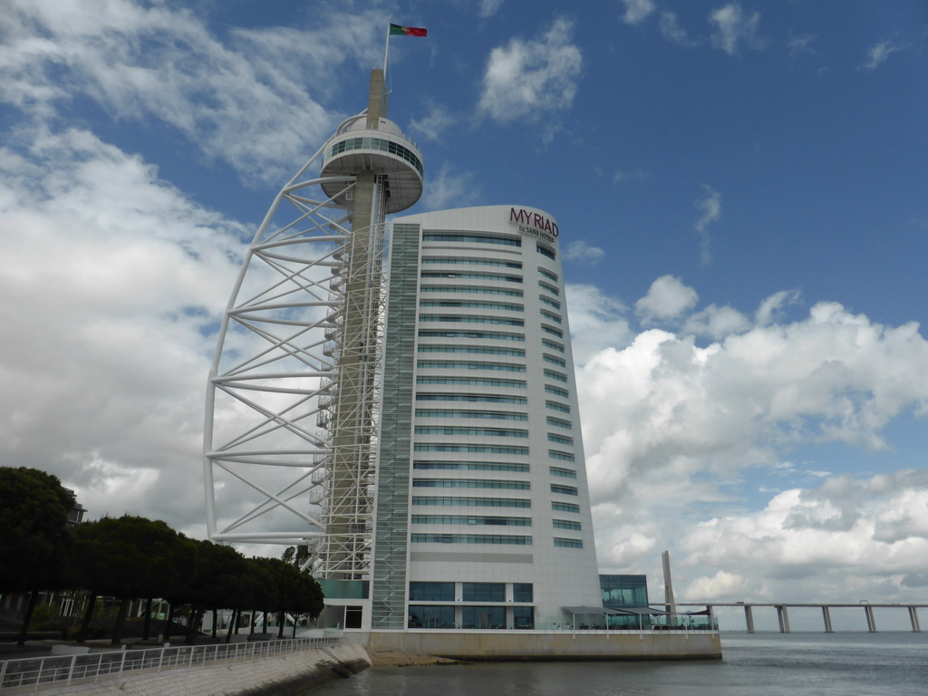 The Vasco da Gama Tower at the Parque das Nações park and the Vasco da Gama Bridge over the Rio Tejo river