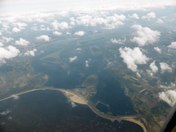 The Brouwersdam dam between the Schouwen-Duiveland island and the Goeree-Overflakkee island, viewed from the airplane to Amsterdam