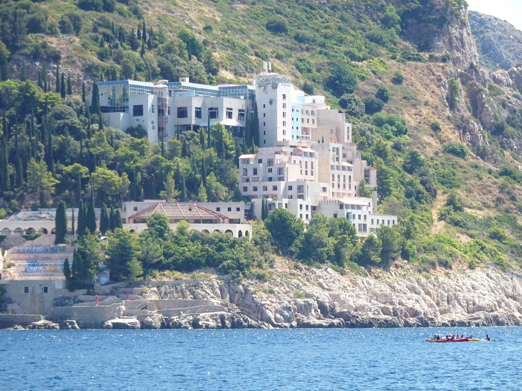 Canoes in front of Hotel Belvedere at the east side of Dubrovnik, viewed from the ferry from Dubrovnik Harbour