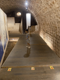 Max on a moving walkway at the `Legends of Lokrum` exhibition at the southwest side of the Benedictine Monastery of St. Mary