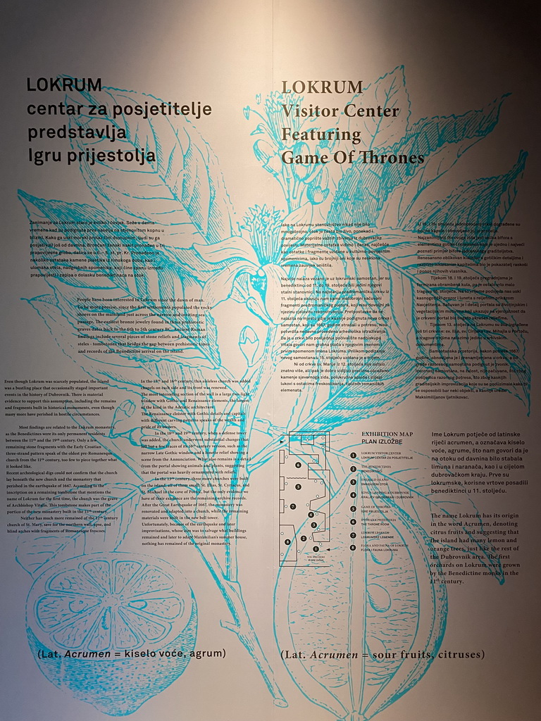 Map and information on the Lokrum Visitor Center with the Game of Thrones exhibition at the Lokrum Visitor Center at the southeast side of the Benedictine Monastery of St. Mary