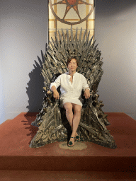 Miaomiao on the Iron Throne from Game of Thrones at the Game of Thrones exhibition at the Lokrum Visitor Center at the southeast side of the Benedictine Monastery of St. Mary