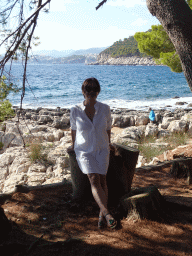 Miaomiao at the Lokrum Main Beach, with a view on the west side of Dubrovnik with Fort Lovrijenac