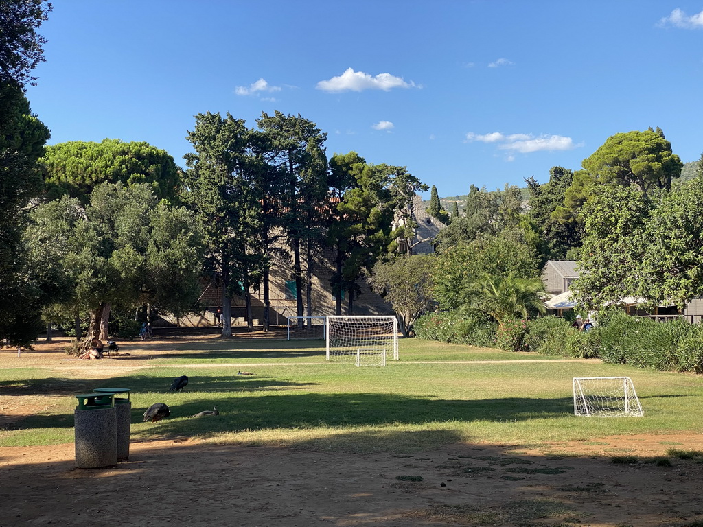 Football field and the south side of the Benedictine Monastery of St. Mary, viewed from the Fitness Park
