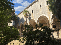 Garden and cloister at the east side of the Benedictine Monastery of St. Mary, viewed from the cloister at the south side