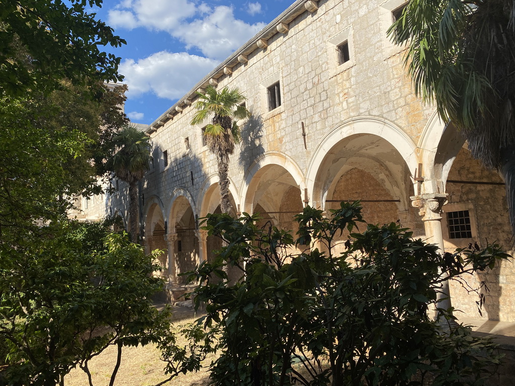 Garden and cloister at the east side of the Benedictine Monastery of St. Mary, viewed from the cloister at the south side