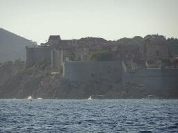 Boats in front of the Old Town of Dubrovnik, viewed from the ferry to Dubrovnik Harbour