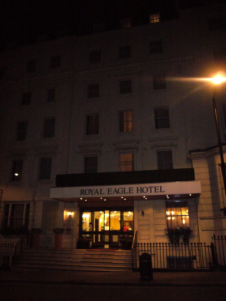 The front of the Royal Eagle Hotel, by night