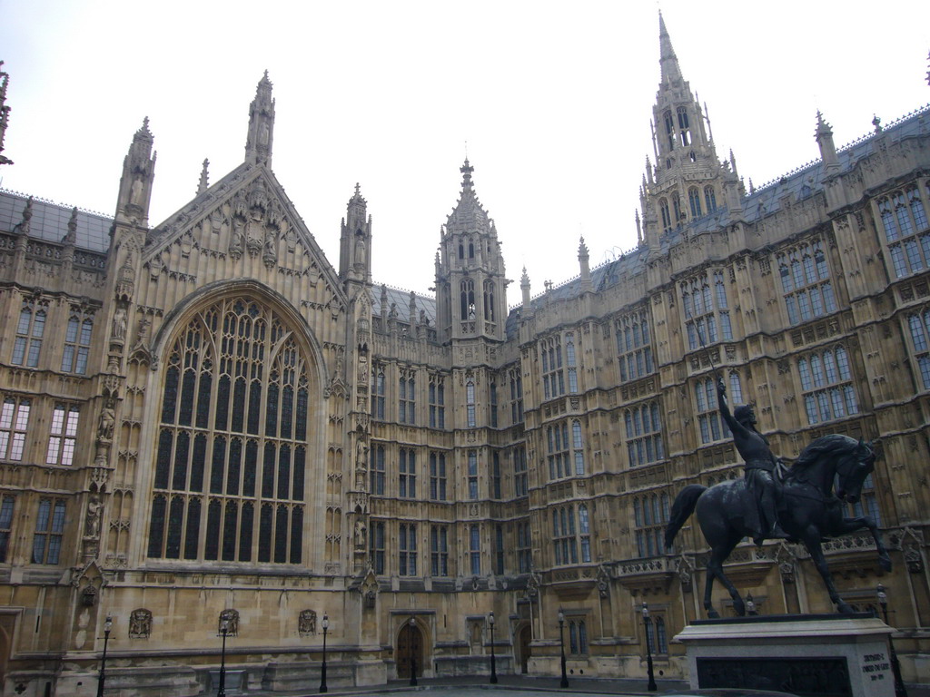 Equestrian statue of King Richard I and the west side of the Palace of Westminster