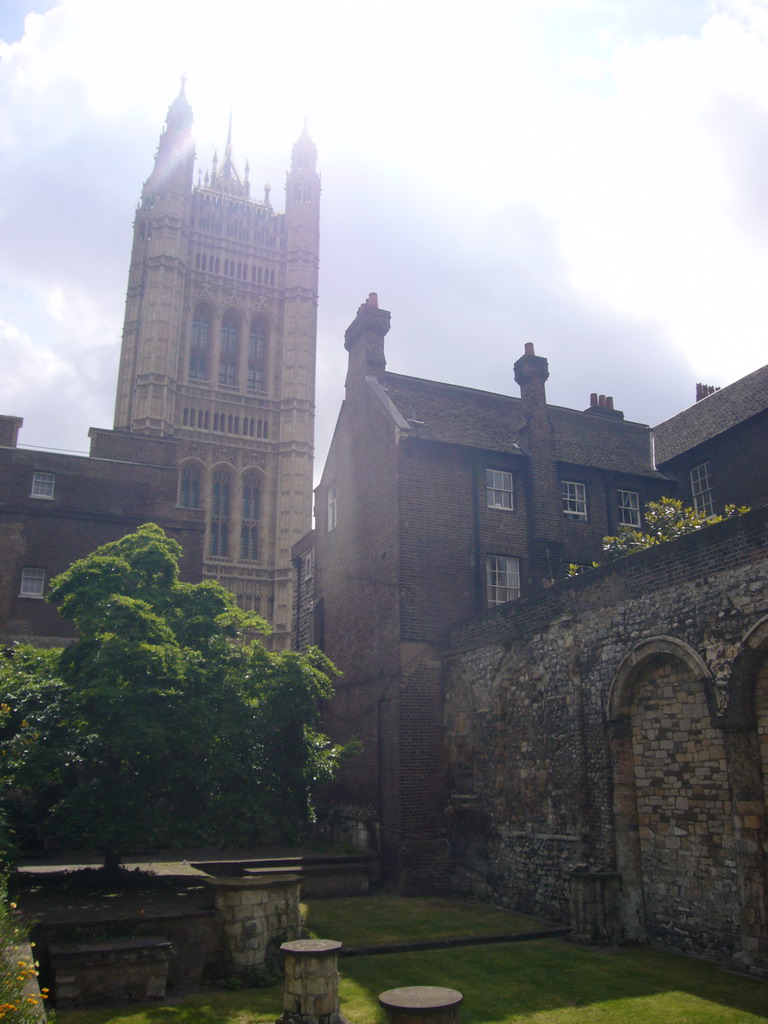 The Victoria Tower at the Palace of Westminster, viewed from the gardens of Westminster Abbey