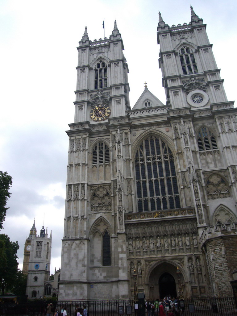 The front of Westminster Abbey, St. Margaret`s Church and the Big Ben, at the Palace of Westminster