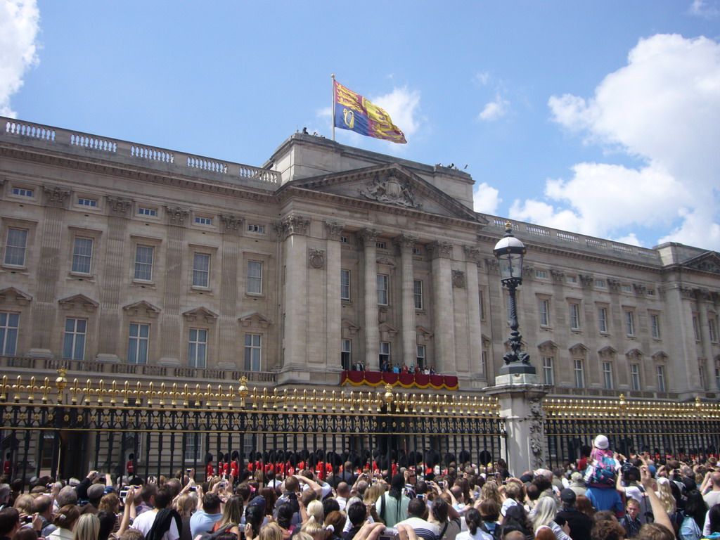 Buckingham Palace, with the British Royal Family at the balcony, during the festivities for the Queen`s Birthday