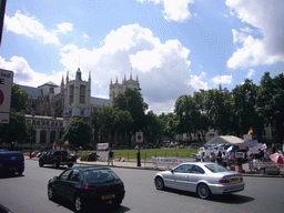 St. Margaret`s Church, Westminster Abbey and protesters at Parliament Square