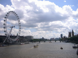 The London Eye, the Waterloo Millennium Pier, the Westminster Bridge over the Thames river and the Palace of Westminster with the Big Ben, from the Hungerford Bridge
