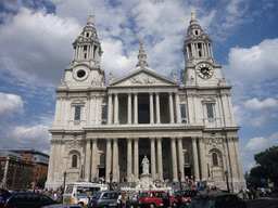 The front of St. Paul`s Cathedral, and the statue of Queen Anne