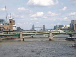 Cannon Street Station, the Southwark Bridge and the Tower Bridge over the Thames river, from the Millennium Bridge