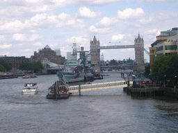 The Tower Bridge over the Thames river, the London Bridge City Pier and the HMS Belfast ship, from London Bridge