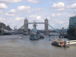 The Tower Bridge over the Thames river, the London Bridge City Pier and the HMS Belfast ship, from London Bridge