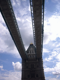 The high level walkways of the Tower Bridge, from below