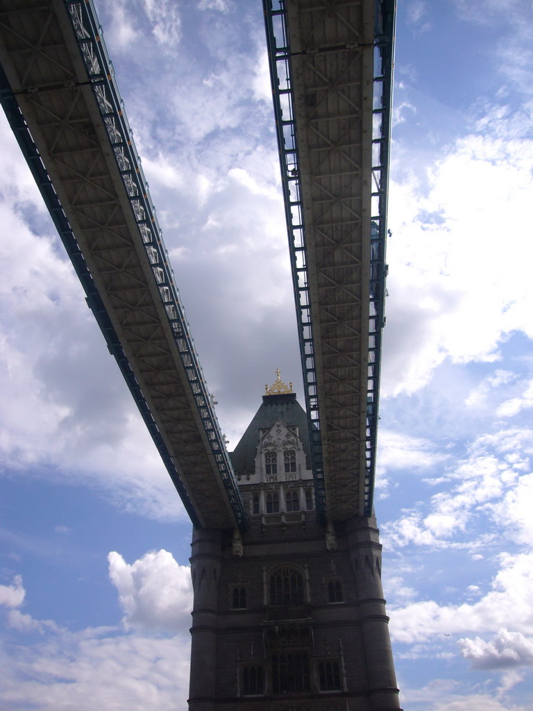 The high level walkways of the Tower Bridge, from below