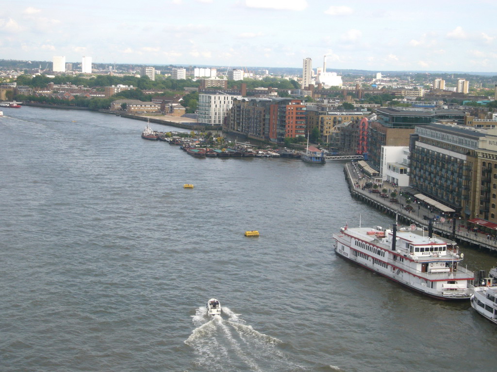 The Thames river and its south bank, viewed from the east high level walkway of the Tower Bridge