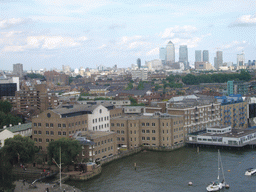 The Thames river and Canary Wharf, viewed from the east high level walkway of the Tower Bridge