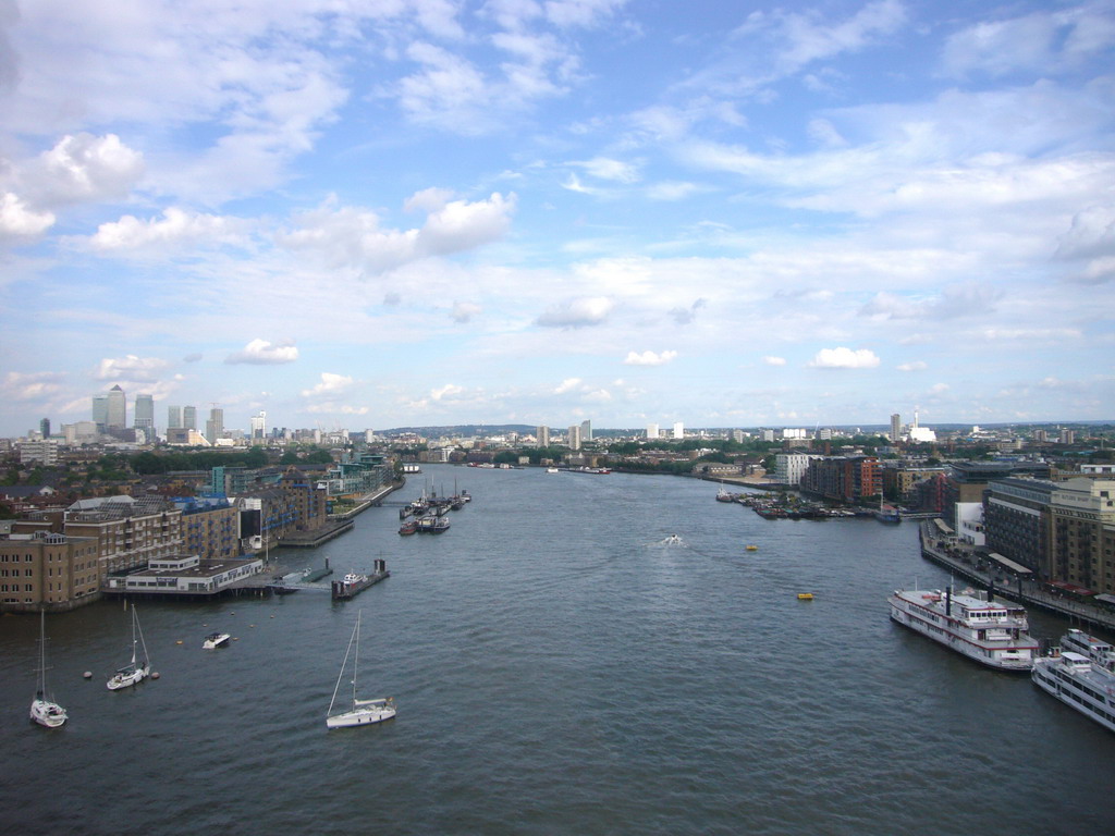 The Thames river and Canary Wharf, viewed from the east high level walkway of the Tower Bridge