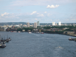 The Thames river and its south bank, with the Royal Observatory of Greenwich, viewed from the east high level walkway of the Tower Bridge