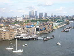 The Thames river and Canary Wharf, viewed from the east high level walkway of the Tower Bridge