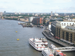 The Thames river and its south bank, viewed from the east high level walkway of the Tower Bridge