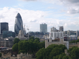 The Tower of London and 30 St. Mary Axe, viewed from the west high level walkway of the Tower Bridge