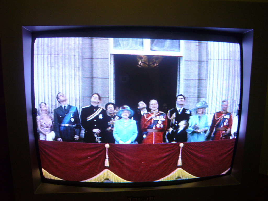 Buckingham Palace, with the British Royal Family at the balcony, during the festivities for the Queen`s Birthday, on television