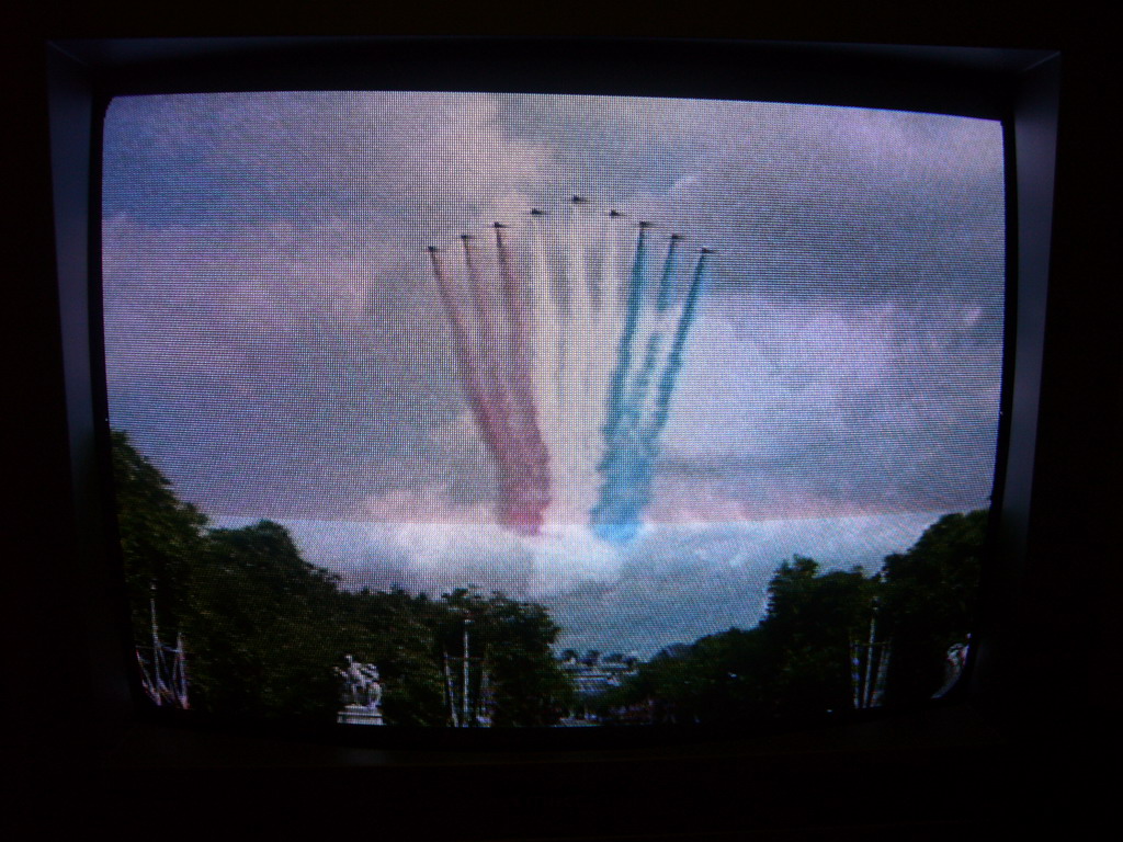 Flyover of the British Royal Air Force, during the festivities for the Queen`s Birthday, on television