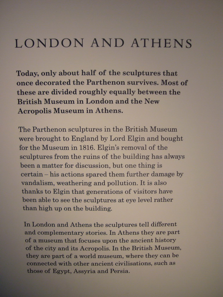 Explanation on the Elgin Marbles from the Parthenon, in the British Museum