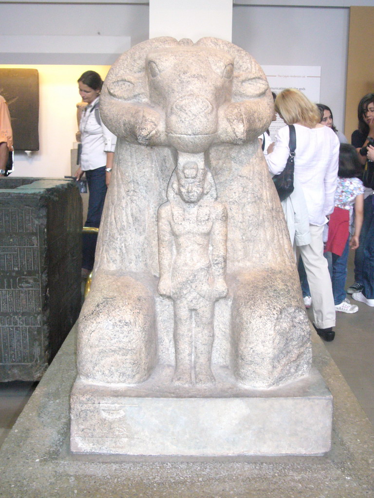 Granite statue of Amun in the form of a ram protecting King Taharqa, in the British Museum
